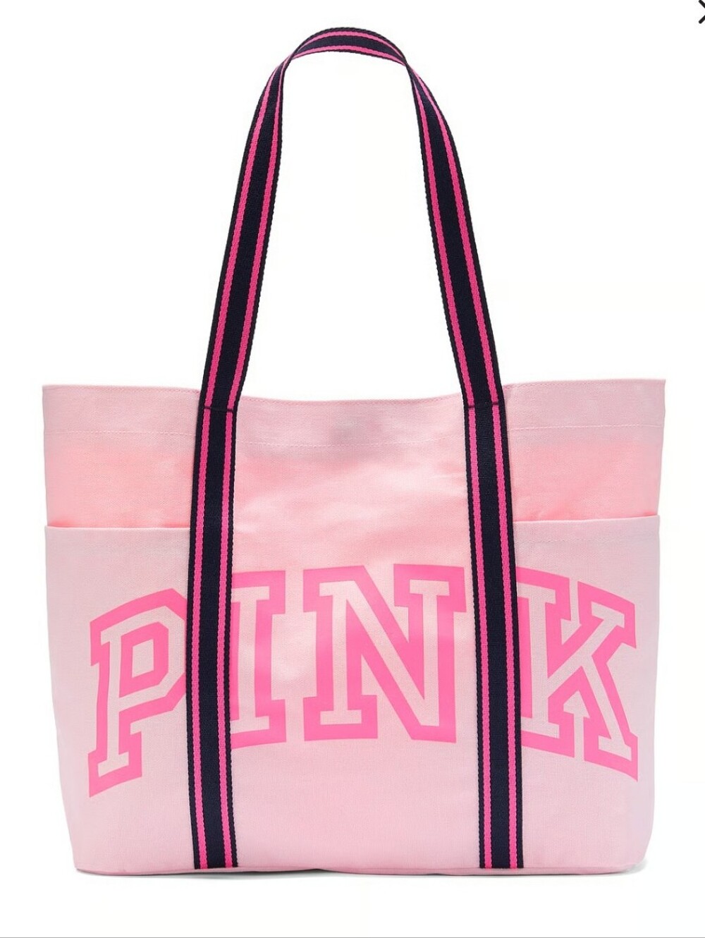 PINK Victoria's Secret Large Pink Canvas Tote Bag with Pink Black-Trim Straps